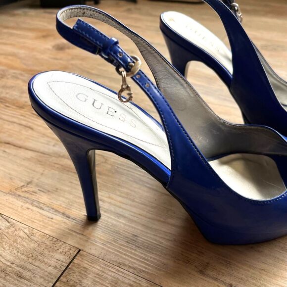 Guess Y2K Heels 8 M Open Toe Patent Leather Blue Charm Vintage 2000s Glam Bright - Picture 6 of 9
